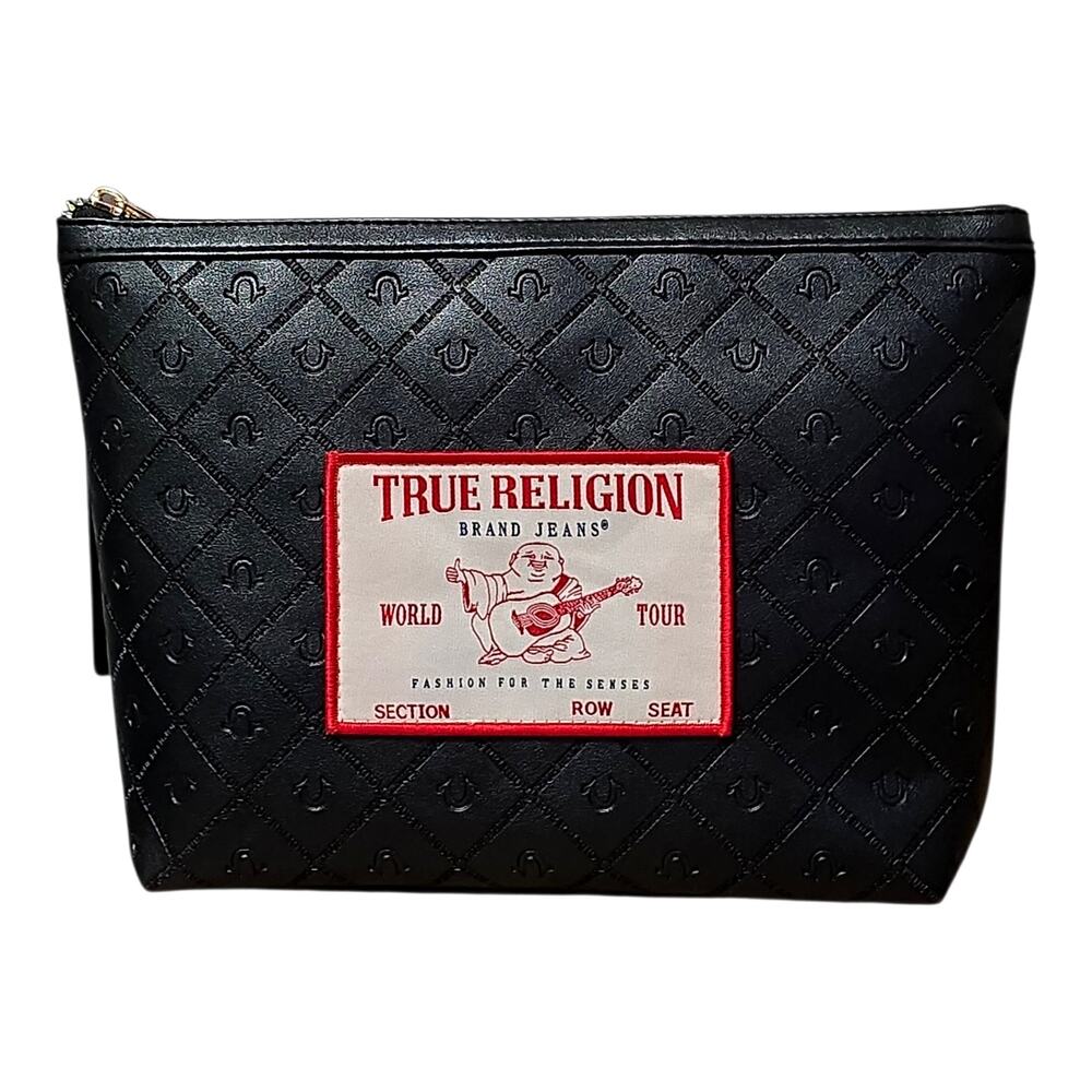 True Religion Black World Tour Buddha Faux Leather Makeup Travel Cosmetic Bag